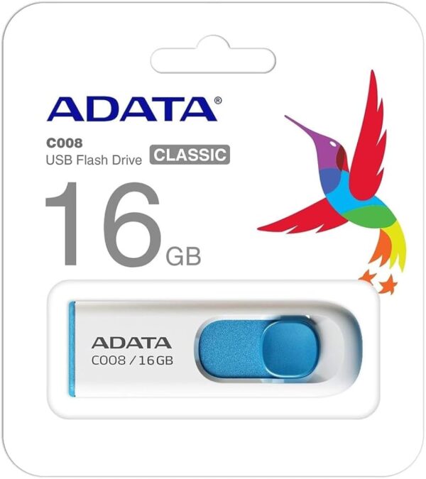 ADATA C008 16GB USB 2.0 UNIDAD FLASH RETR?CTIL SIN TAPA, BLANCO/AZUL