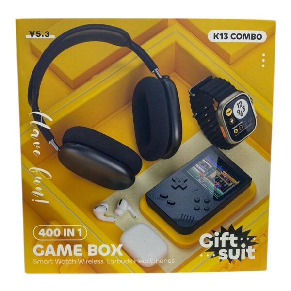 Combo K13 Game Box - 4 en 1: Smartwatch + Audífonos Inalámbricos + Audífonos Tipo AirPods + Consola de Videojuegos Retro