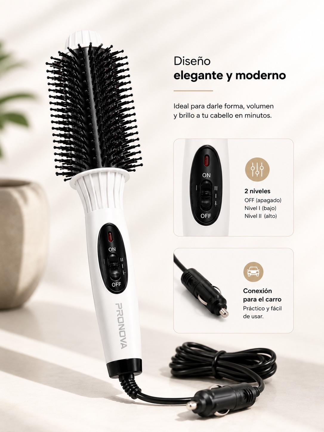 PRONOVA NHC-8810 Cepillo Moldeador Eléctrico 12V para Vehículo | Da Volumen, Forma y Brillo al Cabello - Imagen 2