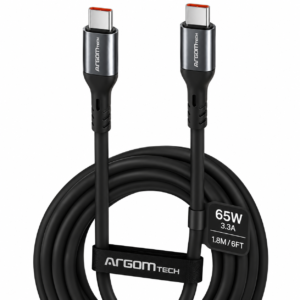 ArgomTech Cable de Carga Rápida USB-C a USB-C 65W 3.3A de 1.8 Metros, Silicona Ultraflexible Dura Flex Antienredos Negro – ARG-CB-0070BK
