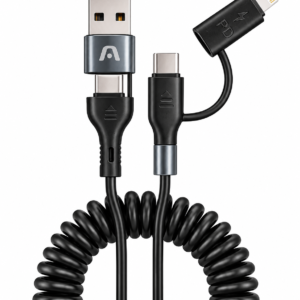 ArgomTech Cable de Carga Rápida y Datos 4 en 1 USB-A / USB-C a USB-C / Lightning 60W 3.3A en Espiral Antienredos Negro – ARG-CB-0071BK