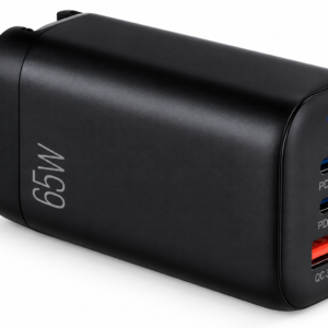 ArgomTech Cargador Rápido GaN III de Pared 65W con 3 Puertos, 2 USB-C PD + USB-A QC 3.0 y Enchufe Plegable Negro – ARG-AC-0126BK