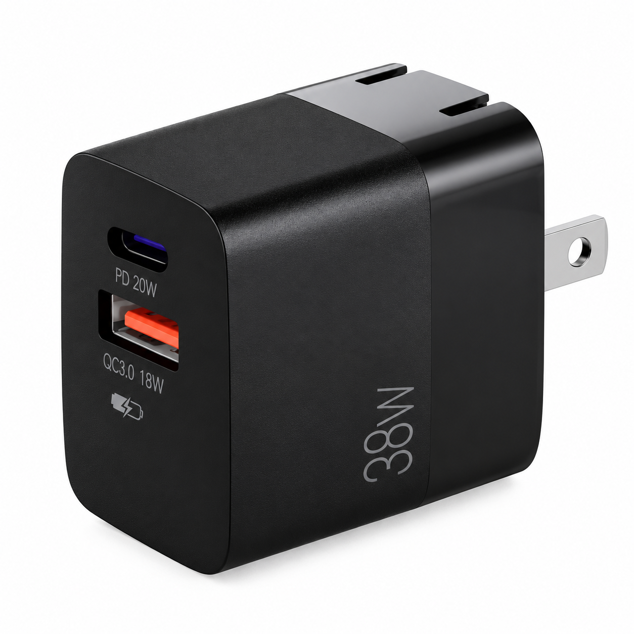 ArgomTech Cargador de Pared Rápido 38W USB-C PD + USB-A con Enchufe Plegable Negro – ARG-AC-0122BK