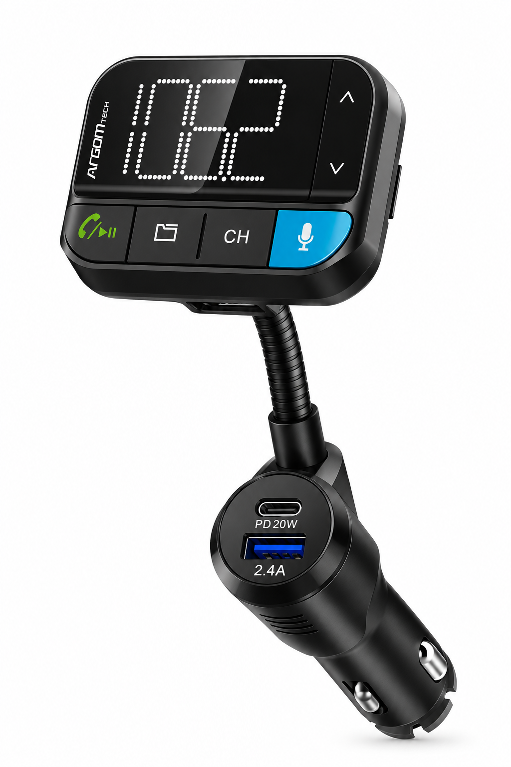 ArgomTech SPECTRO T5 – Transmisor Bluetooth FM para Auto con Manos Libres, Cargador Rápido USB-C PD 20W + USB-A QC 3.0, 32W y Pantalla LED 1.22" Negro – ARG-AC-0347BK