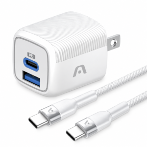 ArgomTech VOLTA P40 – Kit Cargador GaN 38W USB-C PD 20W + USB-A QC 3.0 18W con Cable USB-C 65W de 1.8m Blanco – ARG-AC-0155WT
