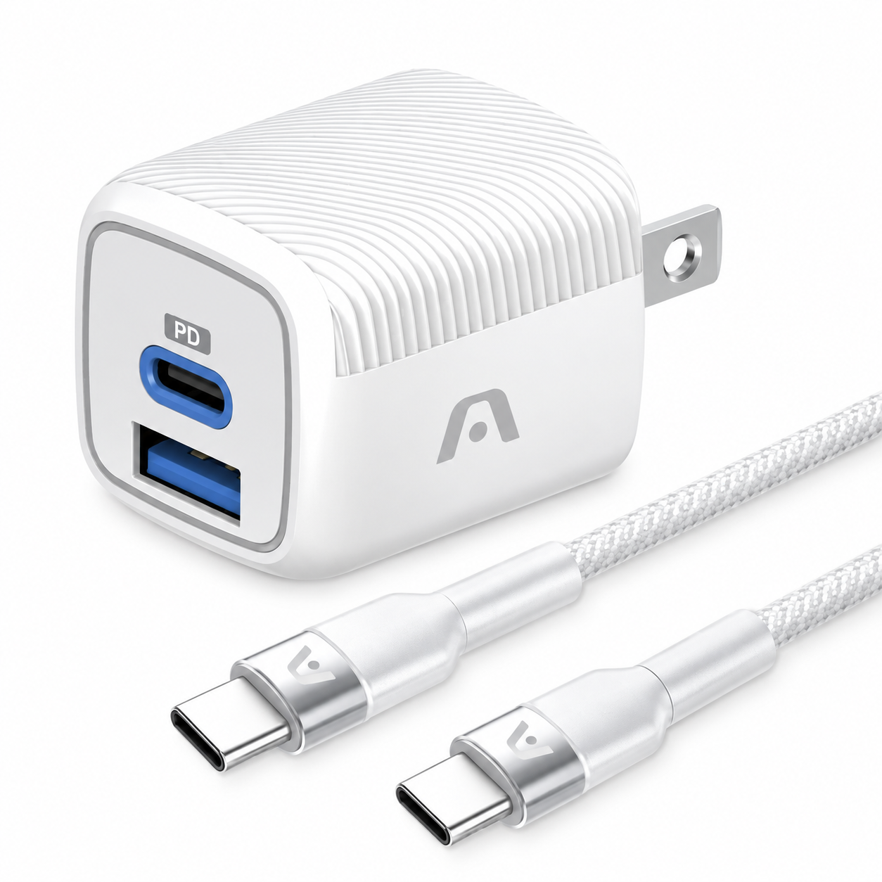 ArgomTech VOLTA P40 – Kit Cargador GaN 38W USB-C PD 20W + USB-A QC 3.0 18W con Cable USB-C 65W de 1.8m Blanco – ARG-AC-0155WT