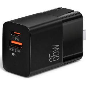 ArgomTech VOLTA P7 – Cargador Rápido de Pared 65W USB-C PD + USB-A QC 3.0 22.5W, Enchufe Plegable Negro – ARG-AC-0125BK