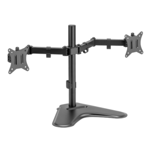 Soporte de escritorio para dos monitores de 32" con base y ranura para teléfono
