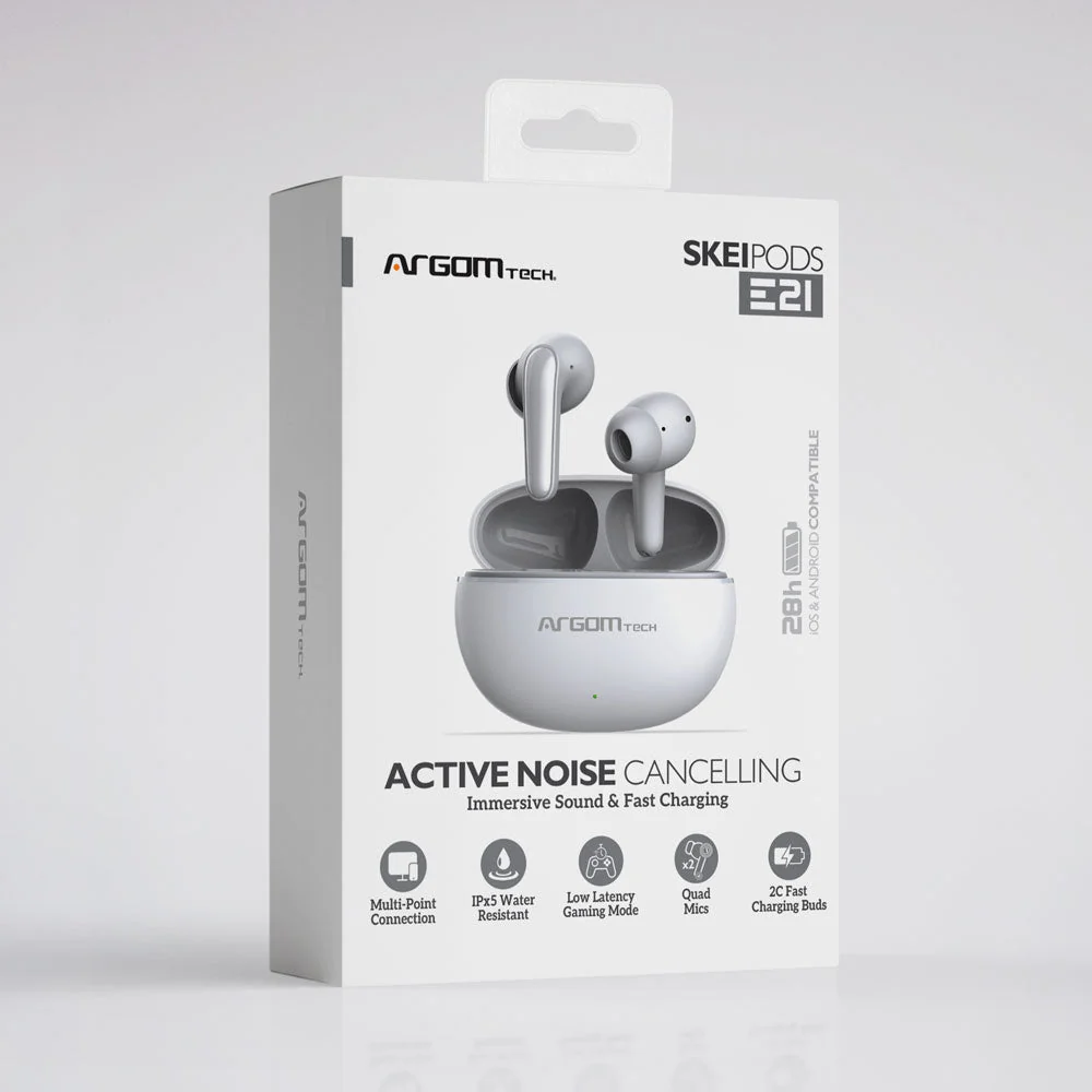 SKEIPODS E21 - ACTIVE Noise Canceling- 2C FAST Charging - Multi-Point Connection - Quad Microphones - 28H - Low Latency Gaming Mode - IPX5 Water Resistant -Type-C / White - Imagen 3