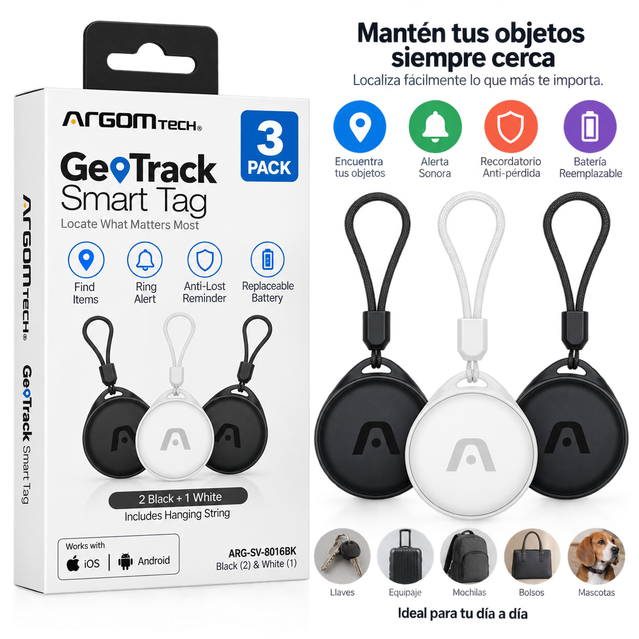 GEOTRACK - Smart TAG 3-Pack Includes hanging String - Black (2) & White (1)