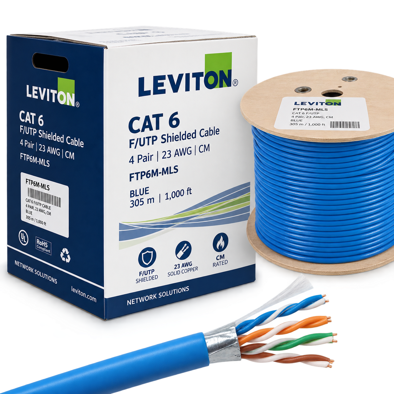 LEVITON Cat 6, 4pr, F/UTP, 23 AWG, CM, Blue, 305m Reel