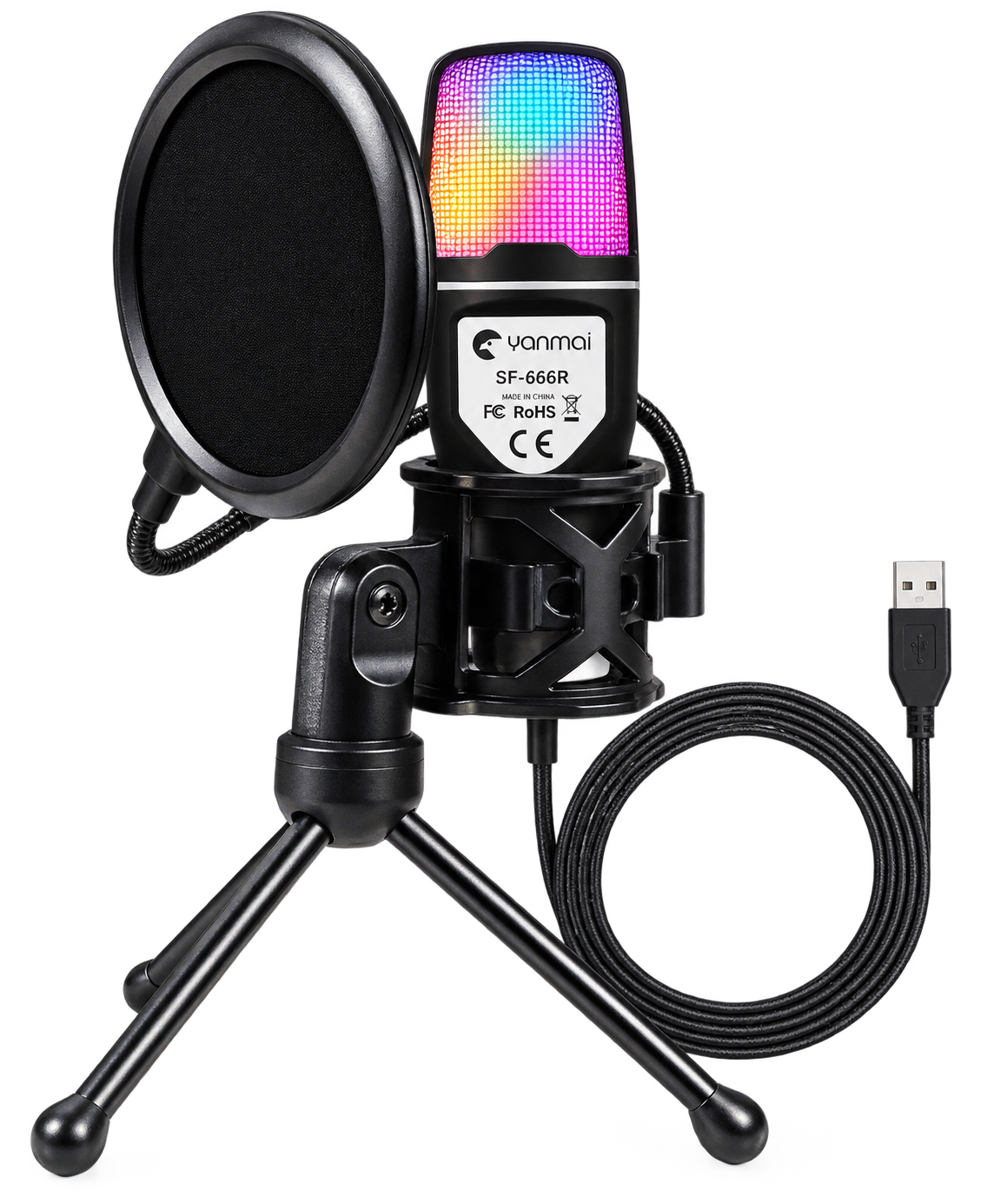 Micrófono Gaming RGB SF-666R USB con Trípode, Filtro Pop y Soporte Antivibración