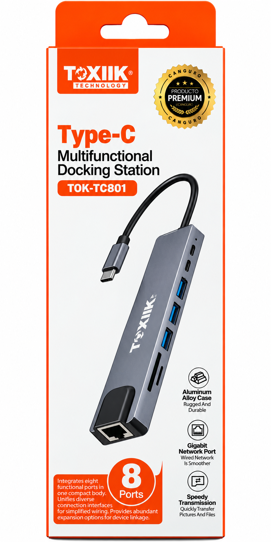 TOXIIK Docking Station USB-C 8 en 1 con HDMI 4K, Gigabit RJ45, 2 USB 3.0, 2 USB-C y Lector SD/TF – TOK-TC801 - Imagen 2