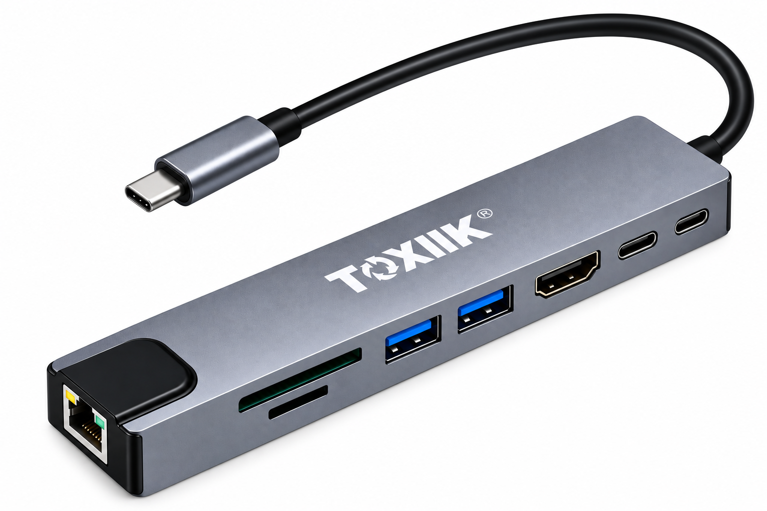 TOXIIK Docking Station USB-C 8 en 1 con HDMI 4K, Gigabit RJ45, 2 USB 3.0, 2 USB-C y Lector SD/TF – TOK-TC801