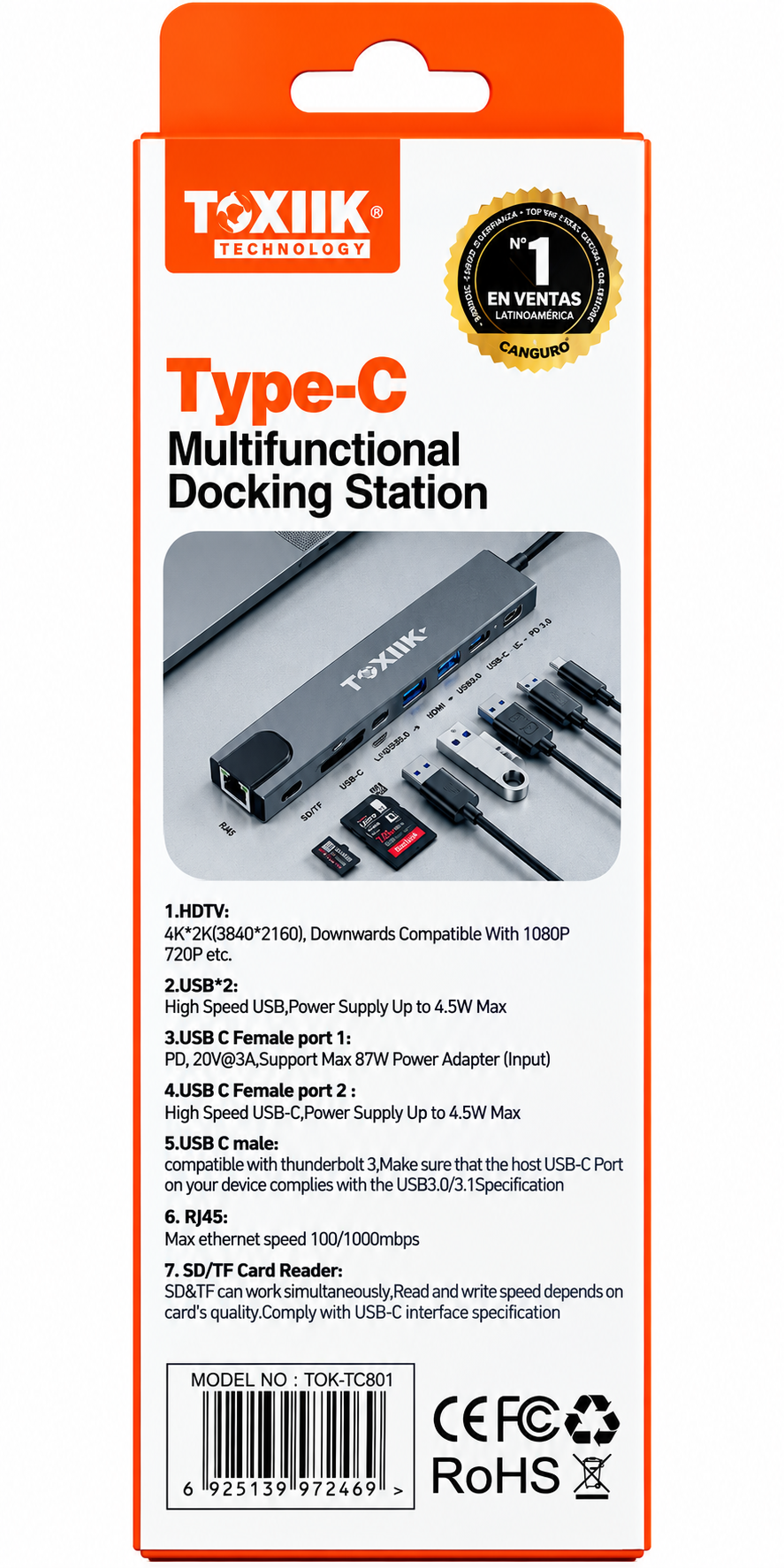 TOXIIK Docking Station USB-C 8 en 1 con HDMI 4K, Gigabit RJ45, 2 USB 3.0, 2 USB-C y Lector SD/TF – TOK-TC801 - Imagen 3
